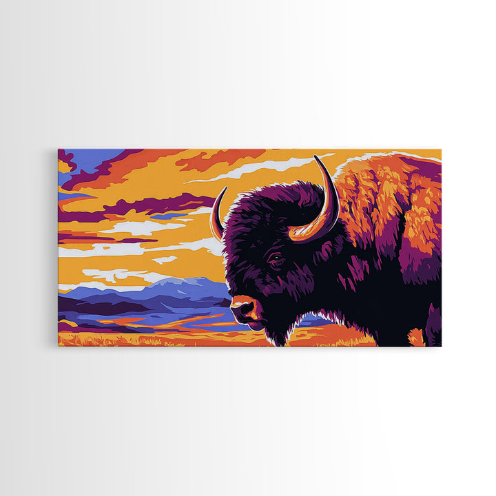Bison Plains, rustic wall art, mountain painting, southwest wall art, landscape painting, extra wide art, Framed Canvas Print, farmhouse decor