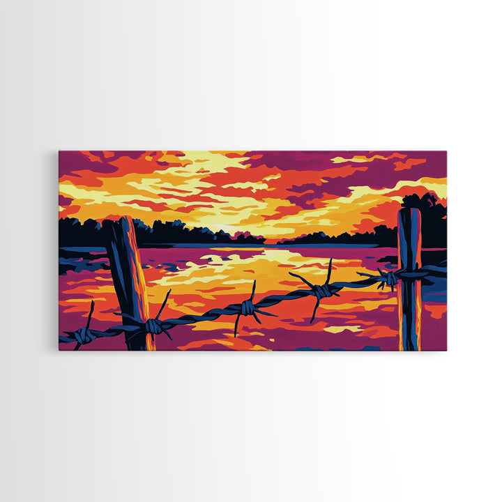 Barbed wire, rustic fence, cowboy art, sunset glow, farmhouse wall art, panoramic painting, western landscape, framed canvas print