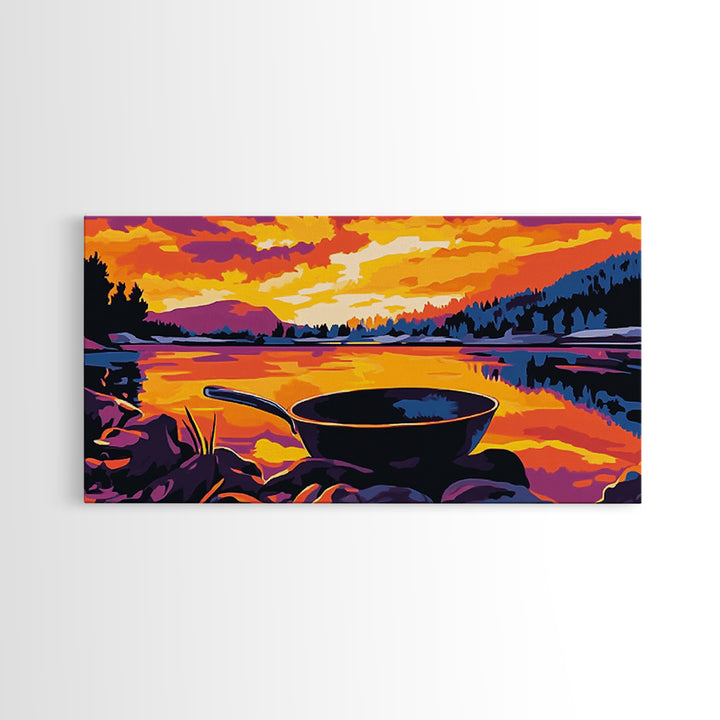 Cast iron pan, outdoor cooking, cowboy camping, rustic kitchen decor, lakeside sunset, nostalgic western art, framed canvas print