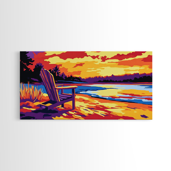 Adirondack chair, lake view, relaxing sunset, cabin art, rustic landscape, extra wide art, nature lover decor, canvas print