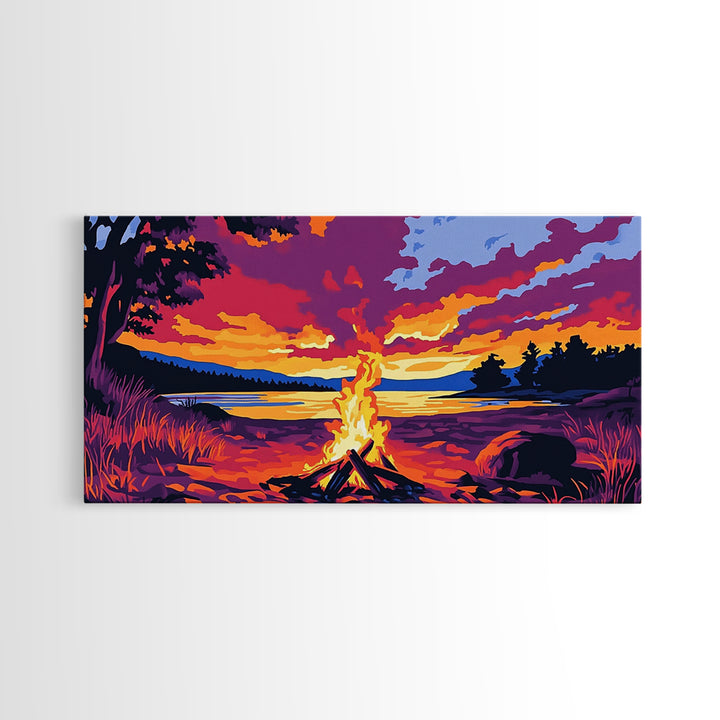 Bonfire, lakeside evening, autumn wall art, warm sunset painting, outdoor adventure art, extra wide art, framed canvas print
