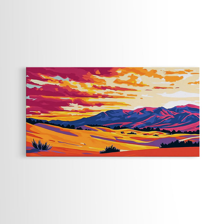 Desert dunes, mountain painting, western sunset, scenic landscape art, minimalist boho decor, panoramic art, framed canvas print