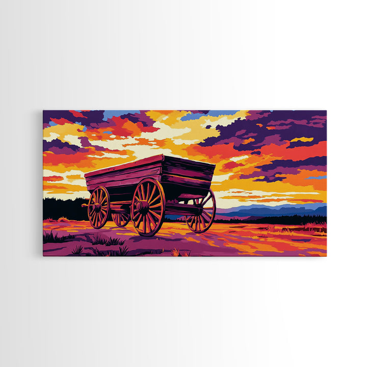 Covered wagon, prairie landscape, rustic western art, historical painting, farmhouse decor, extra wide art, framed canvas print