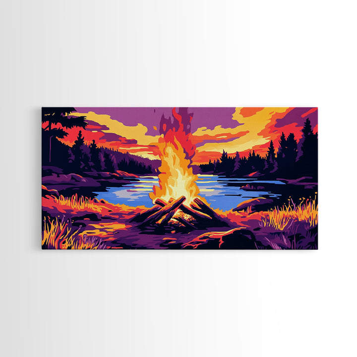 Campfire, lake sunset, rustic art, outdoor decor, cozy cabin wall art, smoky mountain art, framed canvas print, horizontal wall art