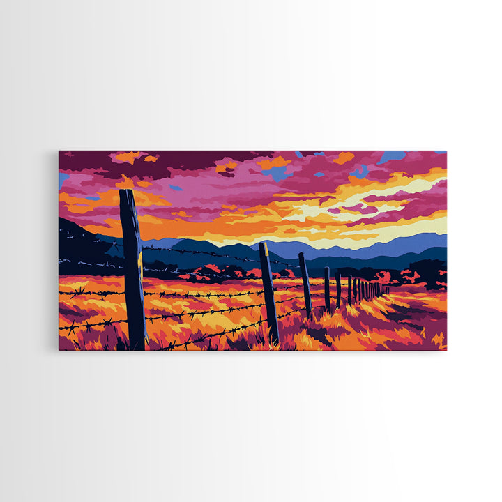 Barbed Fence, rustic art, country painting, extra wide art, farmhouse wall art, landscape painting, horizontal wall art, Framed Canvas Print