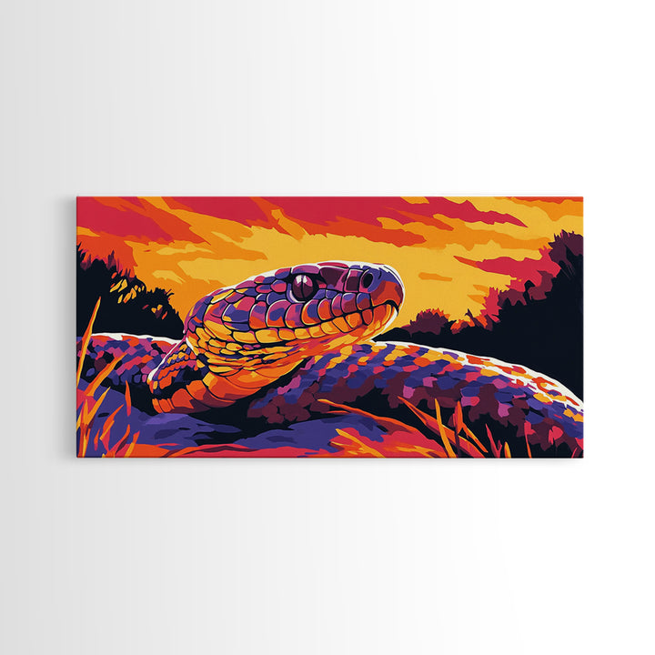 Snake Sunset, wildlife art, moody art, rustic decor, geometric wall art, southwest wall art, panoramic art, Framed Canvas Print, gift idea