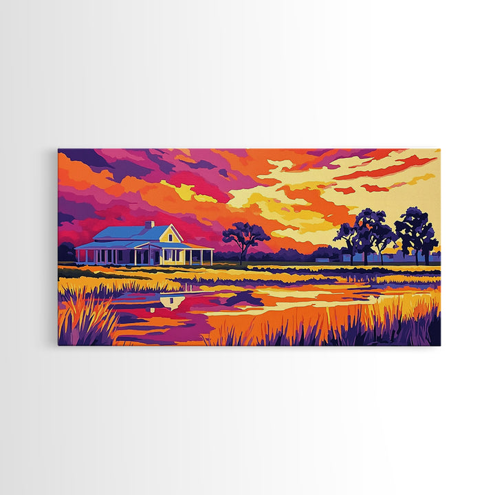 Rural Farmhouse, Rustic Wall Art, Barn Landscape Oil Painting, Farmhouse Art, Framed Canvas Print, Panoramic Art, Above Bed Wall Art