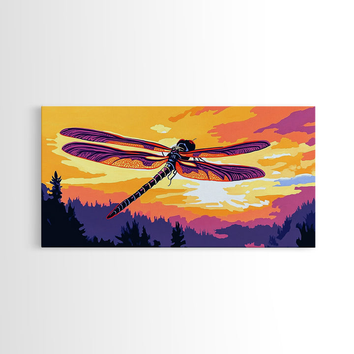 Dragonfly Glow, whimsical art, nature painting, wildflower painting, botanical prints, pink orange wall art, framed canvas print