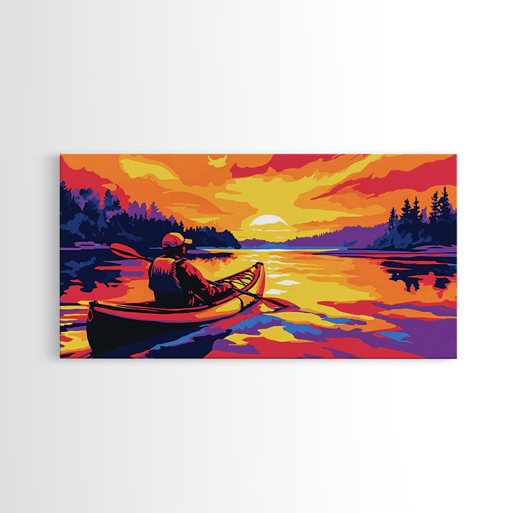 Kayaker at Sunset, fisherman painting, nautical painting, coastal landscape art, rustic decor, panoramic painting, canvas print