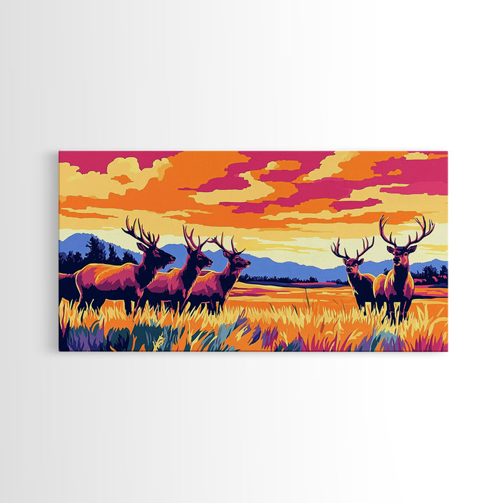 Autumn Elk, wildlife painting, deer drinking water in forest painting, rustic decor, farmhouse art, landscape painting, framed canvas print