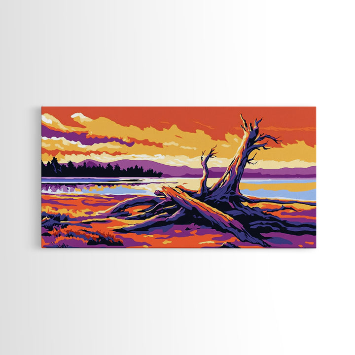 Driftwood Beach Scene, coastal landscape art, nautical painting, rustic wall art, ocean sunset art, panoramic art, framed canvas print