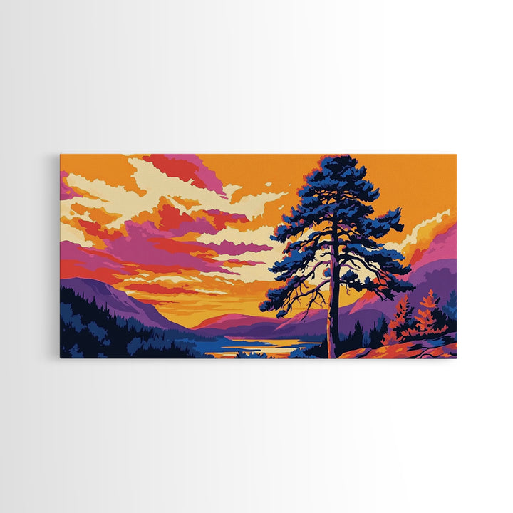 Pine Tree Sunset, smoky mountain art, Joshua tree art, landscape painting, rustic decor, extra wide wall art, framed canvas print