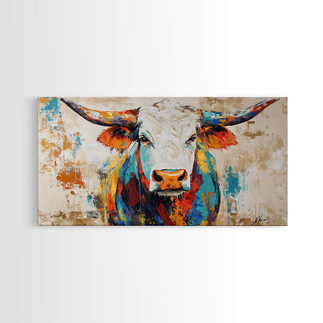 Vibrant Bull Art, rustic decor, extra wide art, farmhouse art, bold color wall art, southwestern painting, framed canvas print, modern rustic art