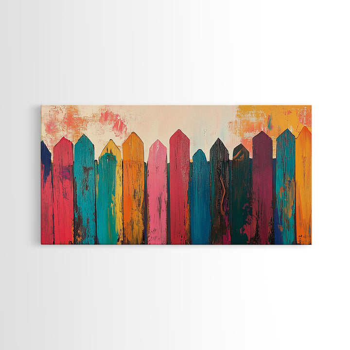 Rustic Fence Art, farmhouse art, rustic wall art, wabi sabi art, colorful wood painting, extra wide art, canvas print, southwestern decor