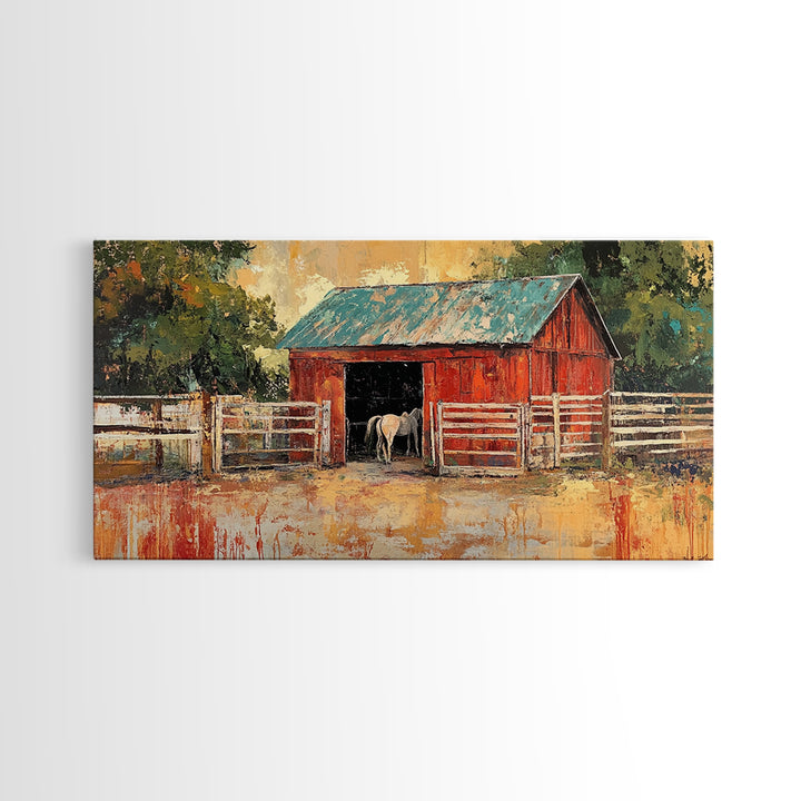 Rustic Barn Scene, barn landscape oil painting, western wall art, farmhouse decor, rural life painting, extra wide art, framed canvas print, wabi sabi art