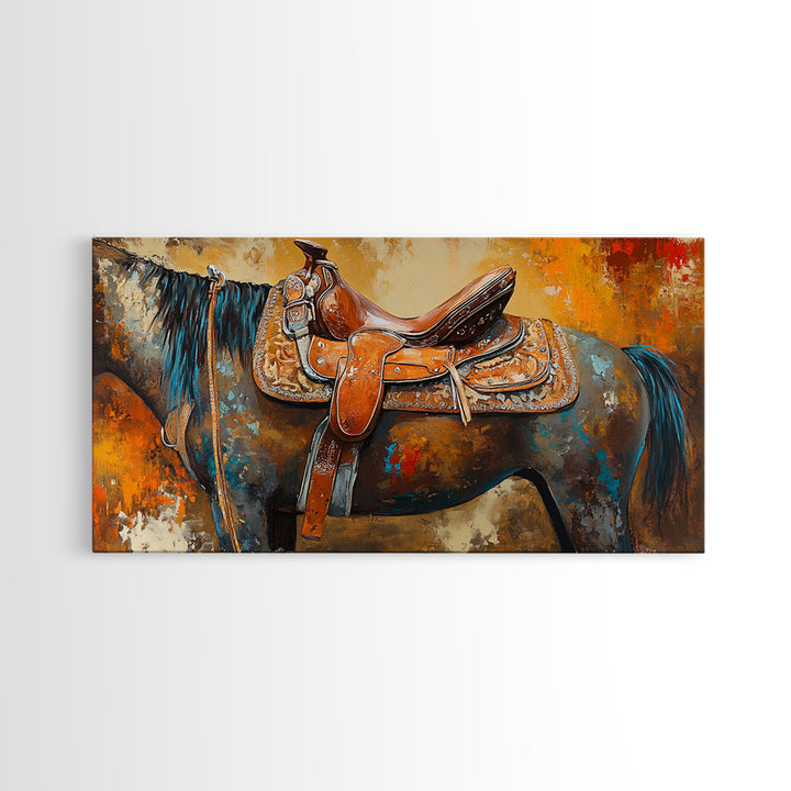 Western Saddle Art, Canvas Print, Rustic Decor, Moody Art, Southwest Wall Art, Extra Wide Art, Above Bed Wall Art, Farmhouse Wall Art