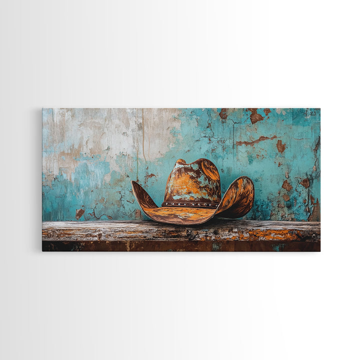 Cowboy Hat Art, Framed Canvas Print, Rustic Decor, Southwest Wall Art, Extra Wide Art, Farmhouse Art, Moody Art, Western Wall Art