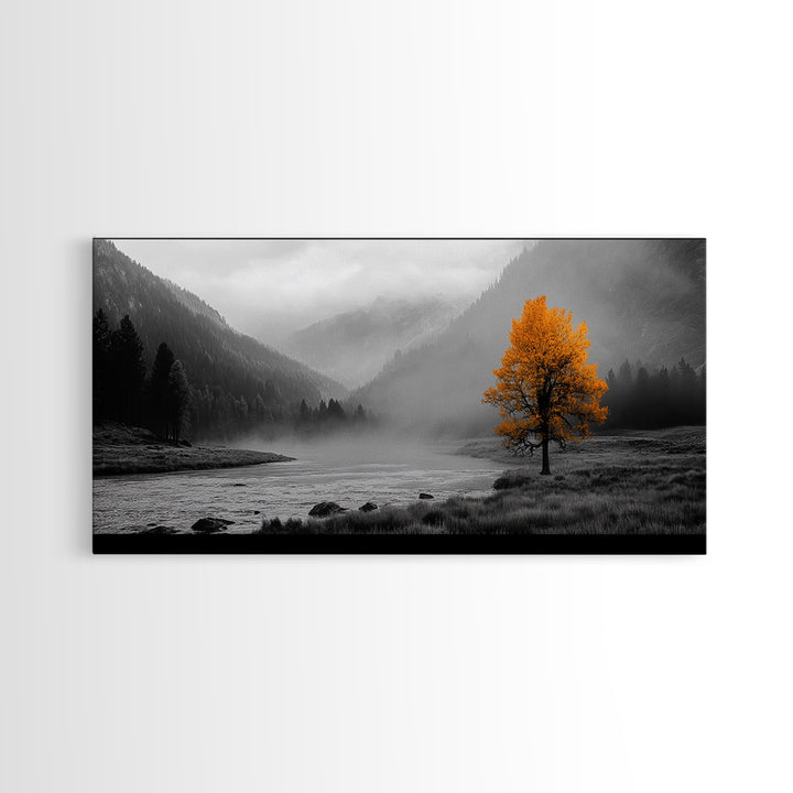 Autumn Tree in Fog, smoky mountain art, pine tree art, wabi sabi art, forest at dusk painting, fall wall art, rustic decor, Framed Canvas Print