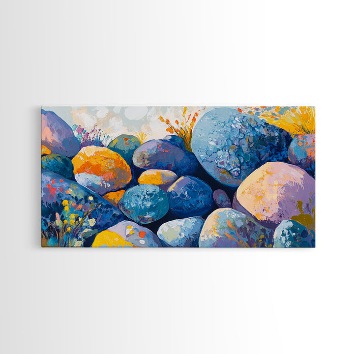 River Rocks, Whimsical Art, Mosaic Wall Art, Boho Art, Teal Wall Art, Nature Inspired Art, Abstract Landscape, Canvas Print, Gift Idea Her