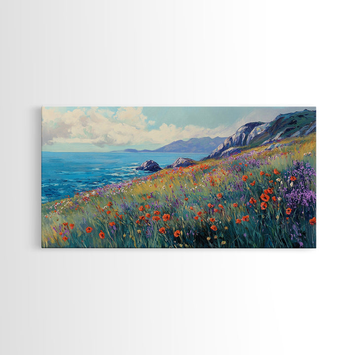 Coastal Wildflower Art, Framed Canvas Print, Poppy Wall Art, Coastal Landscape Art, Seascape Painting, Extra Wide Art, Above Couch Art