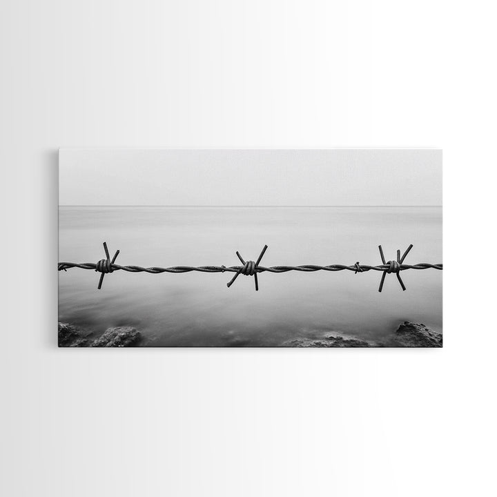 Barbed Wire, rustic decor, farmhouse art, minimalist black and white, modern wabi sabi wall art, textured art, panoramic art, Canvas Print