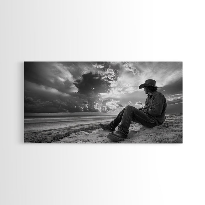 Cowboy on Beach, Moody Art, Western Wall Art, Dramatic Sky Print, Rustic Decor, Coastal Cowgirl Aesthetic, Framed Canvas Print, Scenic View