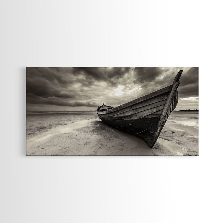 Abandoned Boat, Nautical Wall Art, Coastal Decor, Seascape Painting, Rustic Wall Art, Dramatic Sky, Framed Canvas Print, Panoramic Art