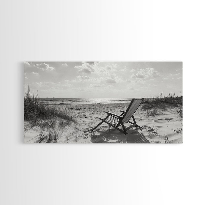 Beach Chair, Coastal Landscape Art, Minimalist Art, Wabi Sabi Art, Ocean View Print, Relaxing Decor, Framed Canvas Print, Nautical Wall Art