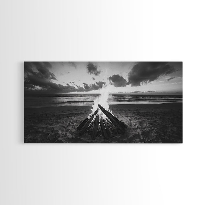 Bonfire On Beach, Coastal Wall Art, Moody Art, Extra Wide Art, Sunset Wall Art, Panoramic Art, Rustic Wall Art, Framed Canvas Print