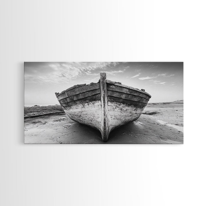Beached Boat, Nautical Wall Art, Rustic Decor, Coastal Landscape Art, Extra Wide Art, Panoramic Painting, Canvas Print