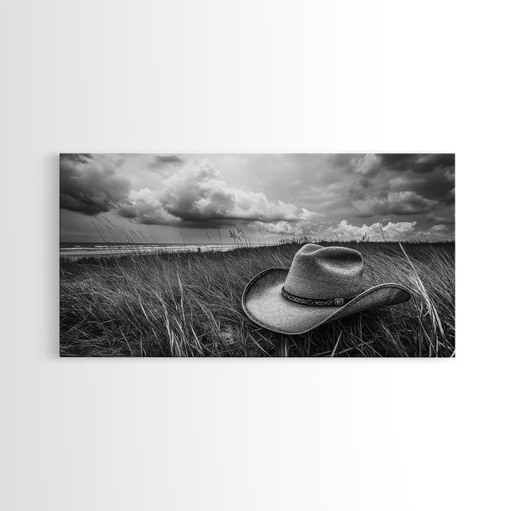 Cowboy Hat, rustic decor, wabi sabi art, western painting, southwest wall art, boho art, moody photography, Framed Canvas Print