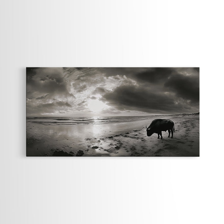 Buffalo, seascape painting, coastal landscape art, rustic decor, farmhouse art, panoramic painting, extra wide art, framed canvas print