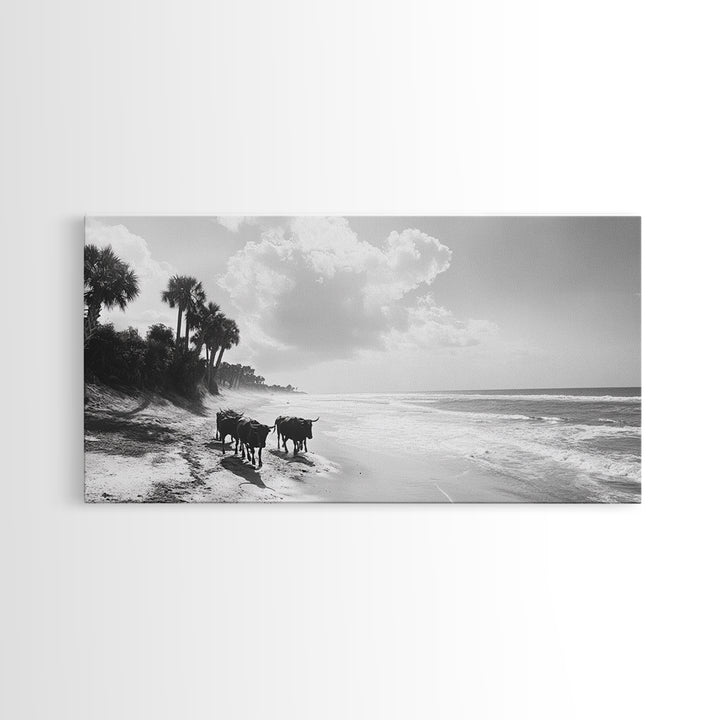 Cattle on beach, coastal cowgirl wall art, rustic decor, farmhouse art, landscape painting, panoramic painting, extra wide art, framed canvas print