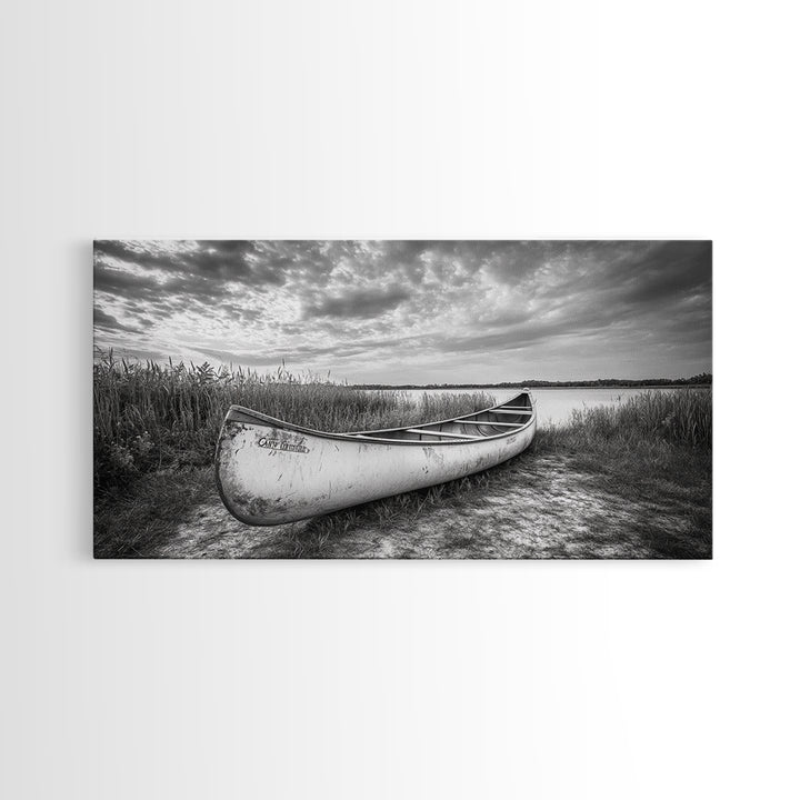 Canoe, lake, coastal cowgirl wall art, rustic decor, farmhouse art, panoramic art, horizontal wall art, extra wide art, framed canvas print