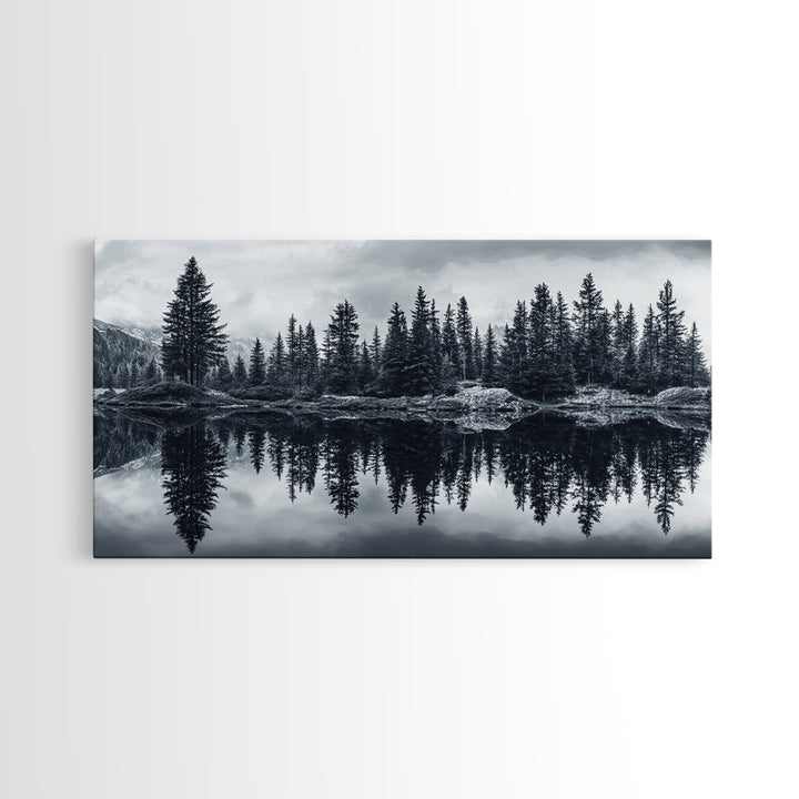 Pine tree reflection, moody art, mountain painting, pine tree art, rustic decor, panoramic art, extra wide art, framed canvas print