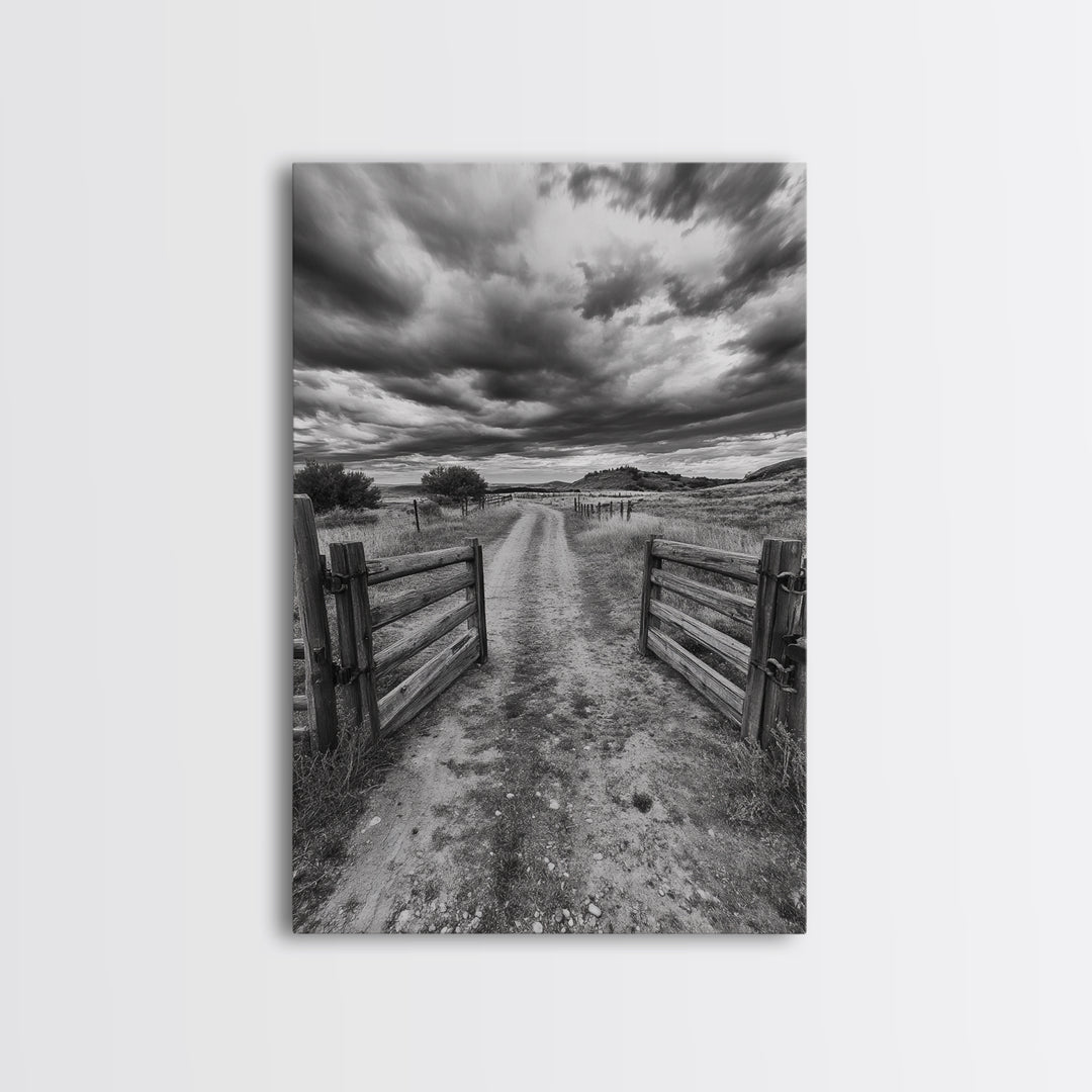 Open Ranch Gate, southwest wall art, moody art, western home decor, rustic art, farmhouse painting, framed canvas print, cowboy aesthetic
