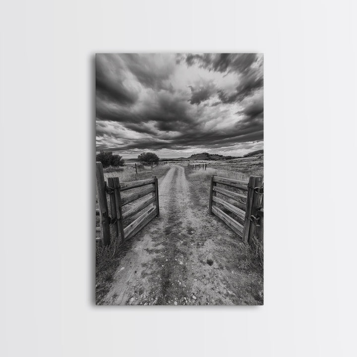 Open Ranch Gate, southwest wall art, moody art, western home decor, rustic art, farmhouse painting, framed canvas print, cowboy aesthetic