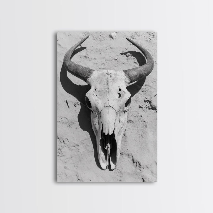 Bull skull, desert aesthetic, cowboy art, rustic decor, black and white photography, boho art, framed canvas print, western wall art