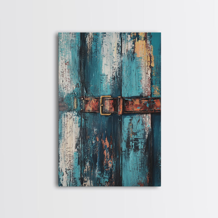 Rustic blue door, worn leather belt, southwest wall art, farmhouse art, textured painting, wabi sabi art, framed canvas print, rustic decor