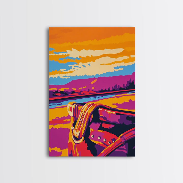 Desert Saddle, southwest wall art, rustic wall art, colorful western art, Joshua tree art, extra wide art, framed canvas print