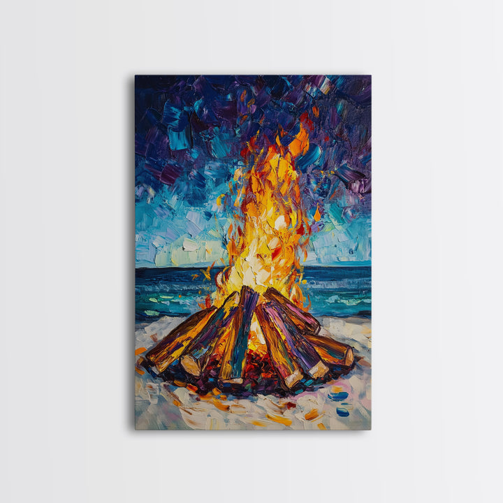 Beach Bonfire, coastal painting, moody art, seascape painting, coastal decor, nautical painting, original painting, framed canvas print