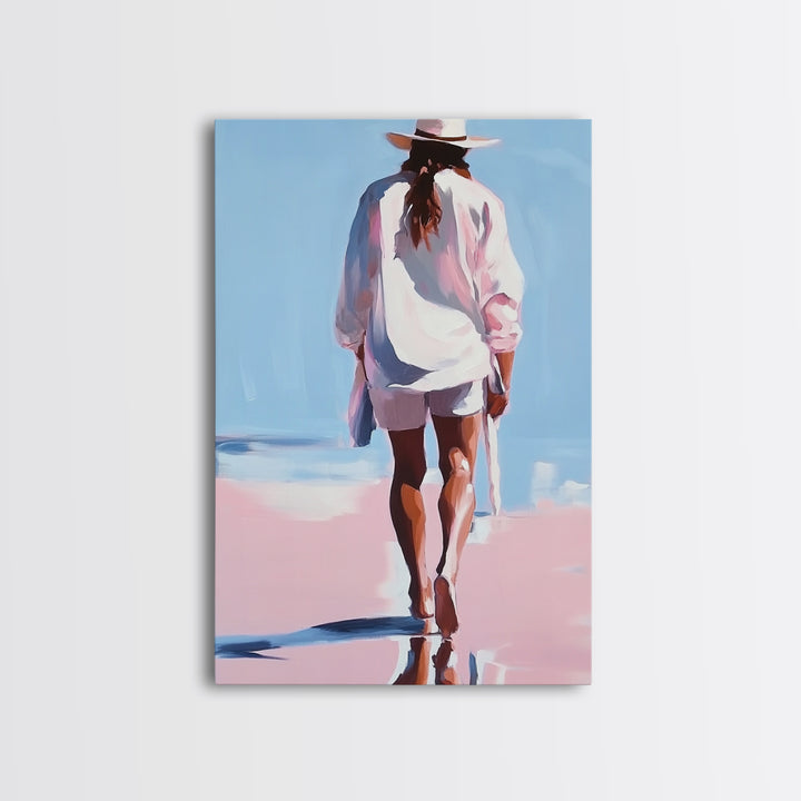 Beach Walk, coastal cowgirl wall art, boho art, pink orange wall art, light pink wall art, coastal decor, framed canvas print