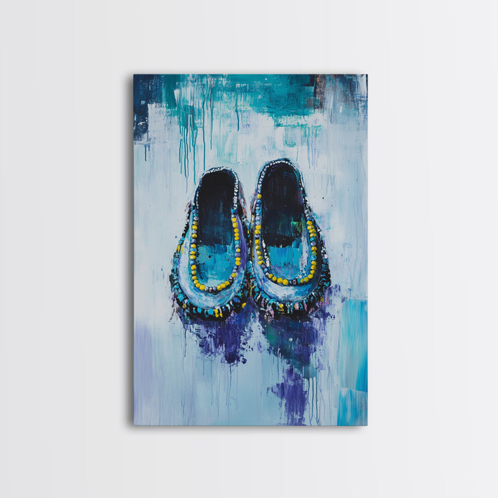 Blue Moccasins, boho art, whimsical art, teal wall art, folk art, rustic art, gift idea for her, original painting, canvas print