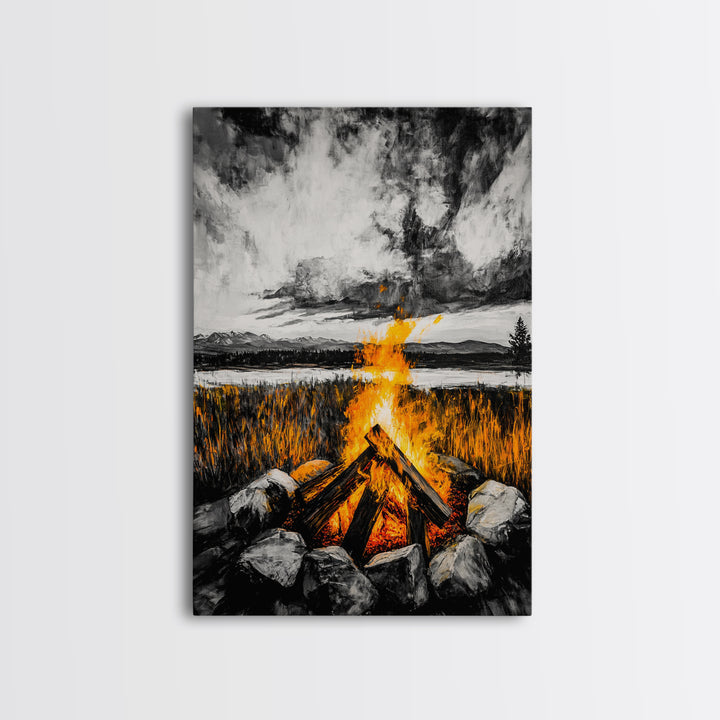 Campfire Painting, Moody Art, Rustic Wall Decor, Fire Pit Artwork, Black White Orange Art, Framed Canvas Print, Cabin Wall Art