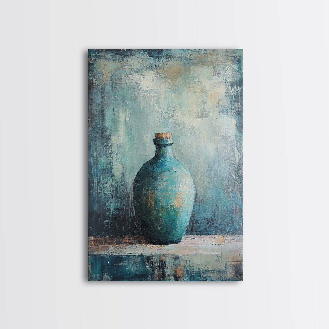 Teal Bottle, Wabi Sabi Art, Minimalist Wall Art, Canvas Print, Green Wall Art, Rustic Decor, Sage Green Wall Art, Moody Art, Gift Idea
