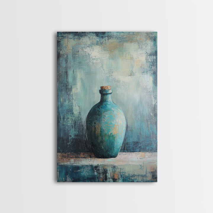 Teal Bottle, Wabi Sabi Art, Minimalist Wall Art, Canvas Print, Green Wall Art, Rustic Decor, Sage Green Wall Art, Moody Art, Gift Idea