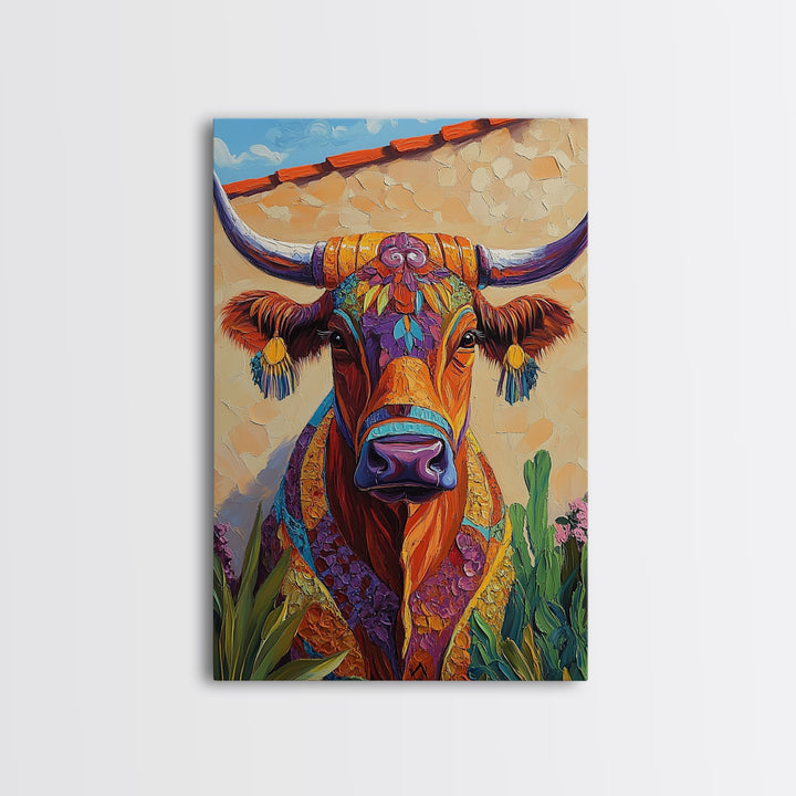 Colorful Bull, Mosaic Wall Art, Chicano Art, Southwest Wall Art, Canvas Print, Farmhouse Art, Rustic Decor, Gift Idea, Boho Art