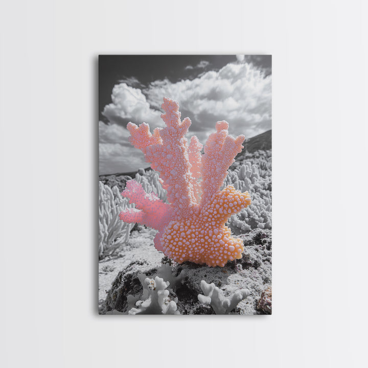 Ocean coral, coastal decor, nautical painting, framed canvas print, marine life art, whimsical ocean scene, tropical beach house wall art