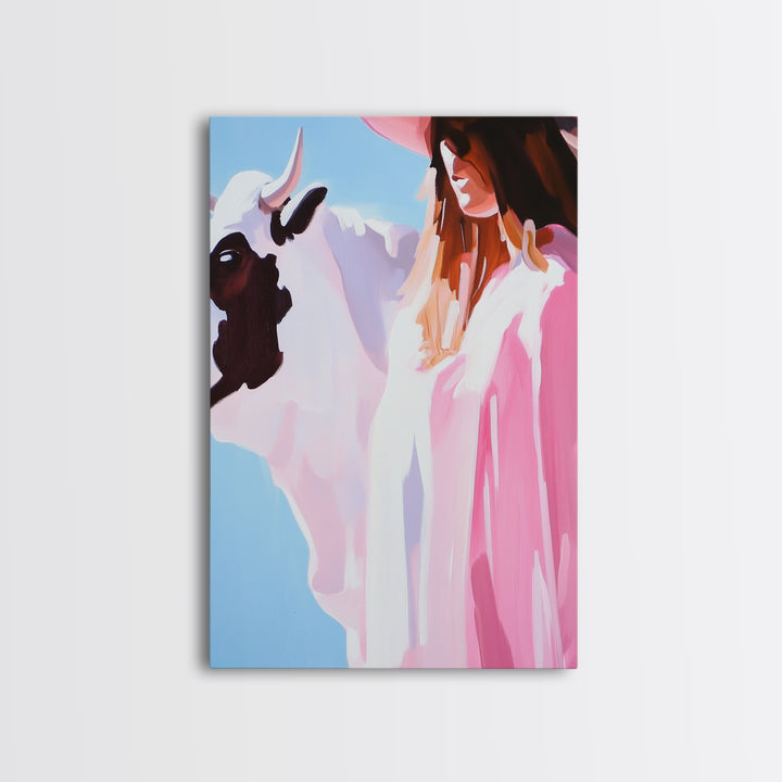 Cowgirl and Cow, black cowgirl painting, coastal cowgirl wall art, western decor, gift idea for her, boho art, light pink wall art, Canvas Print