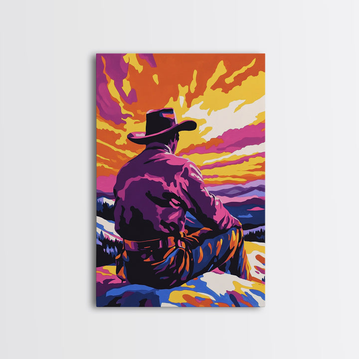 Cowboy at Sunset, western decor, southwest wall art, pink orange wall art, gift idea for him, moody art, panoramic art, Canvas Print